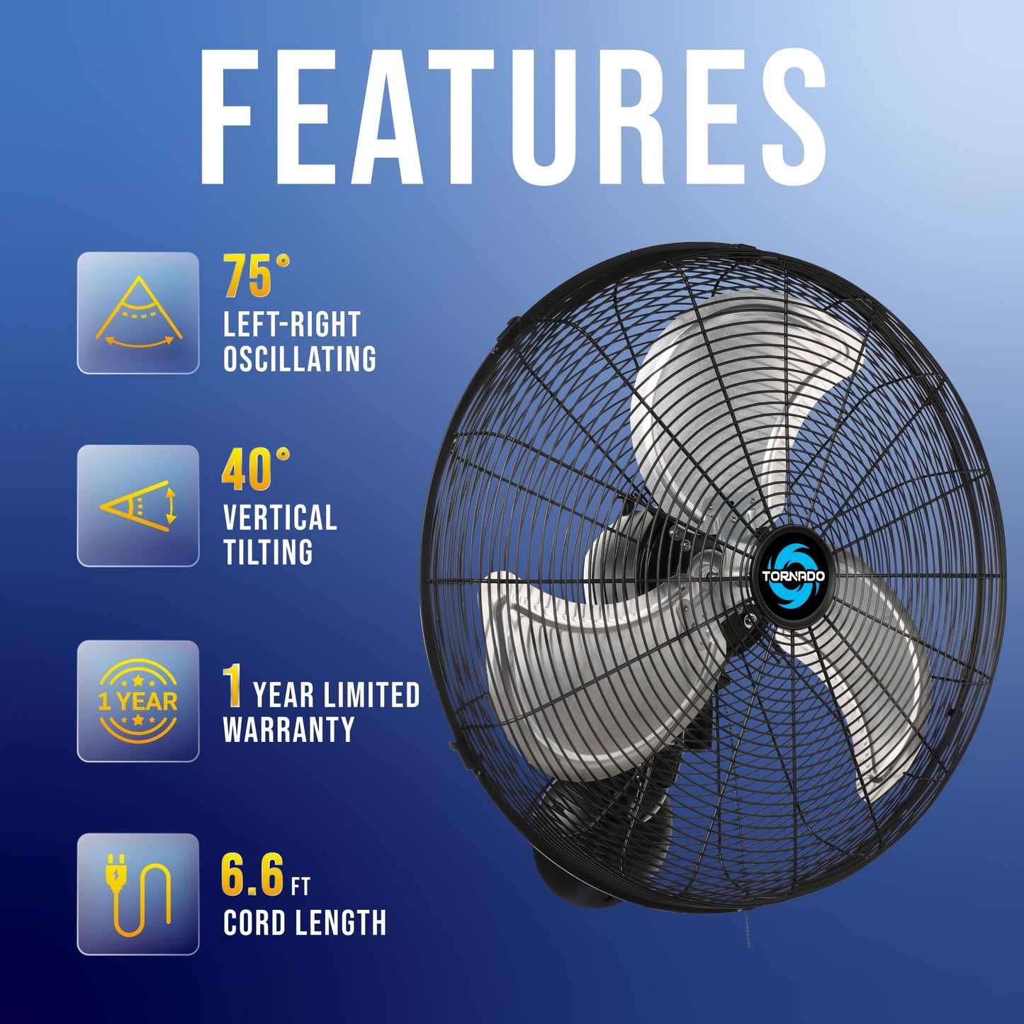 Tornado 20 Inch Pro Series High Velocity Oscillating Wall Mount Fan For Industrial, Commercial, Residential Use 3 Speed 5250 Cfm
