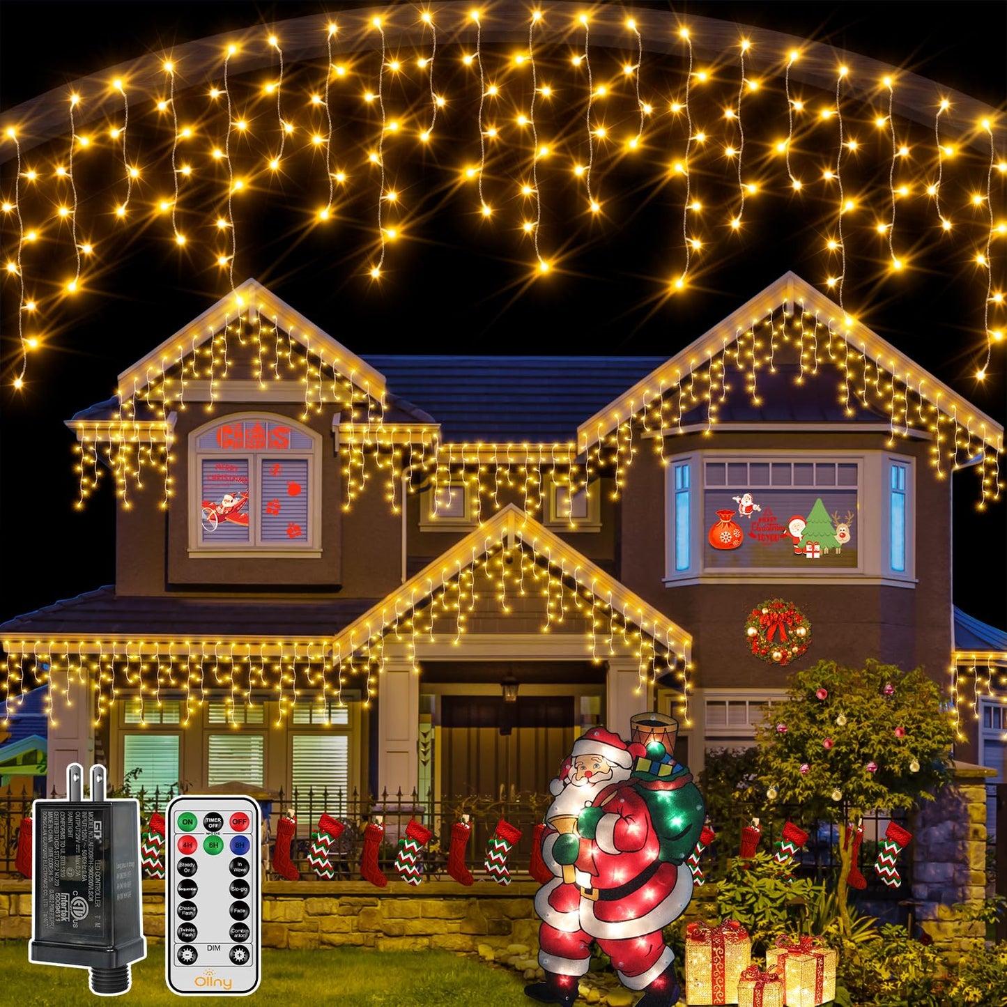 Ollny Icicle Lights Outdoor 594 Led Warm White, Waterproof, 49Ft With Remote, 8 Modes, Model Hg-29V594Bc