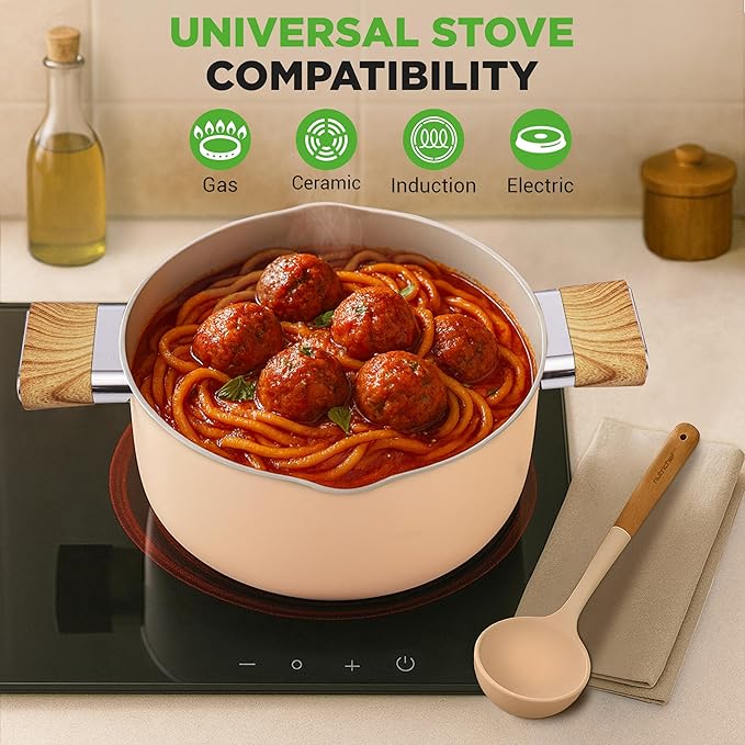 NutriChef 14-Piece Non-Stick Ceramic Cookware Set - Induction Safe Pots and Pans with Glass Lids, Cool-Touch Handles, Even Heat Distribution, Dishwasher Safe, Includes Ladle, Tong, Spatula (Pink)