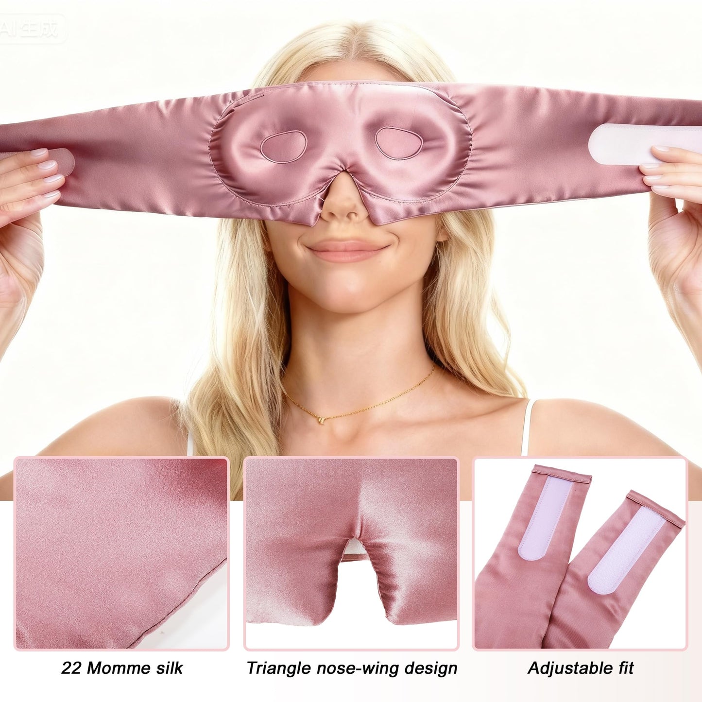 VOCOSTE 22 Momme Pure Silk Sleep Mask with Travel Pouch, 3D Contour Adjustable Blindfold for Side Sleepers, Eyelash Protecting for Natural Lashes & Extensions, Bean Pink
