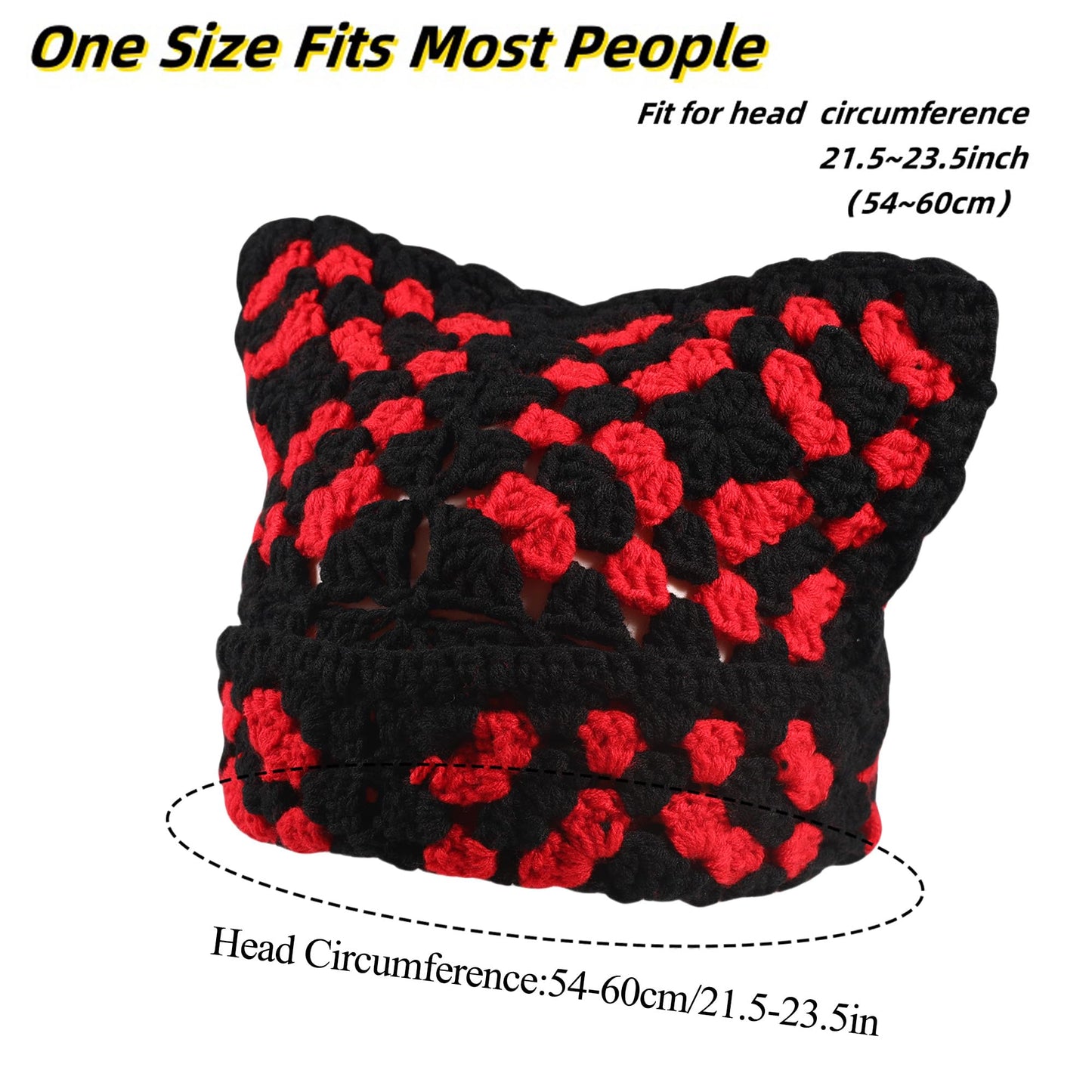 Crochet Hat for Women Cute Beanie Hat Cat Ears Cap Autumn and Winter Handmade Knitted Kawaii Slouchy Mixed Color (US, Numeric, 6 3/4, 7 1/2, Black and Red)
