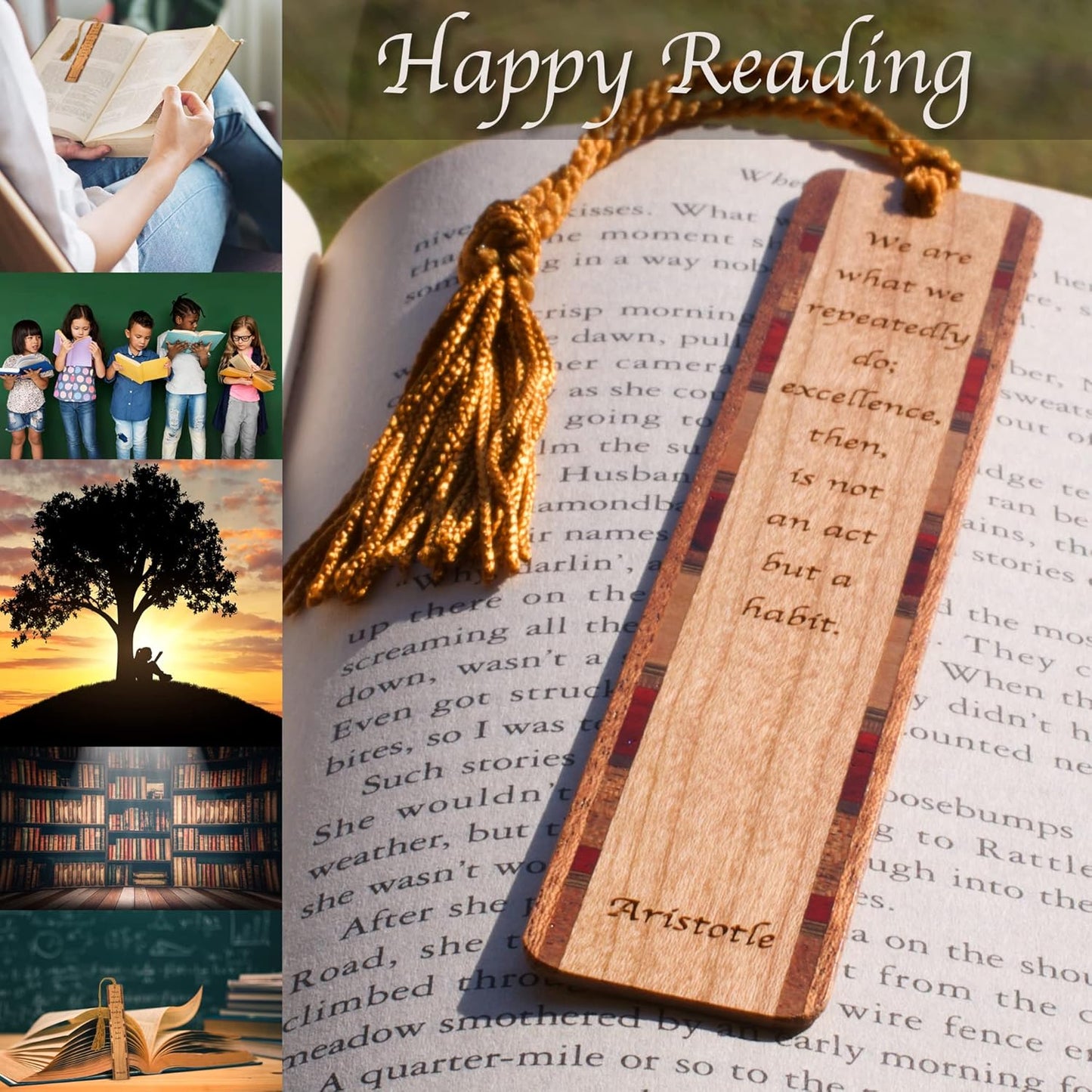 Personalized Aristotle Excellence Quote, Engraved Wooden Bookmark - Made in USA - Also Available Without Personalization