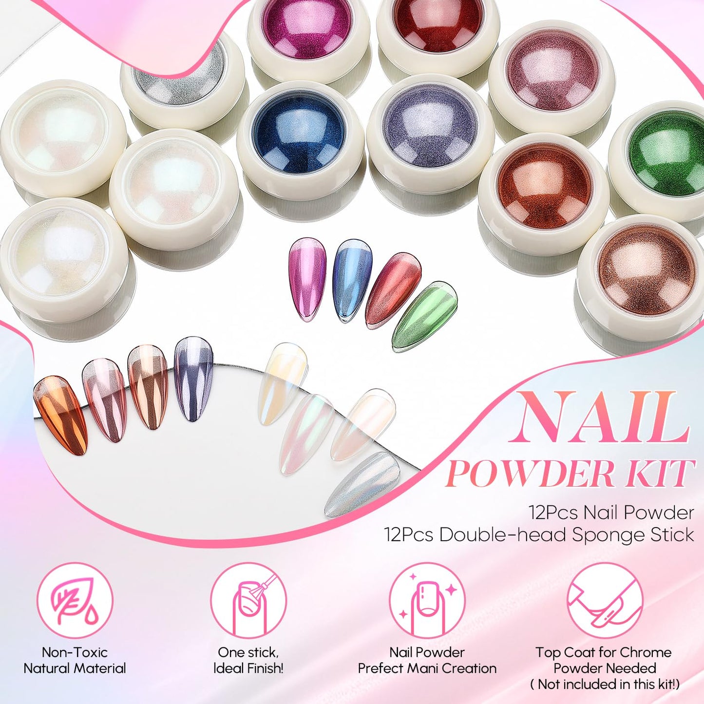 AIMEILI Pearl Chrome Nail Powder, Vegan, Cruelty Free, 12 Colors Aurora Metallic Holographic Mirror Effect Nail Art Pigment Irid
