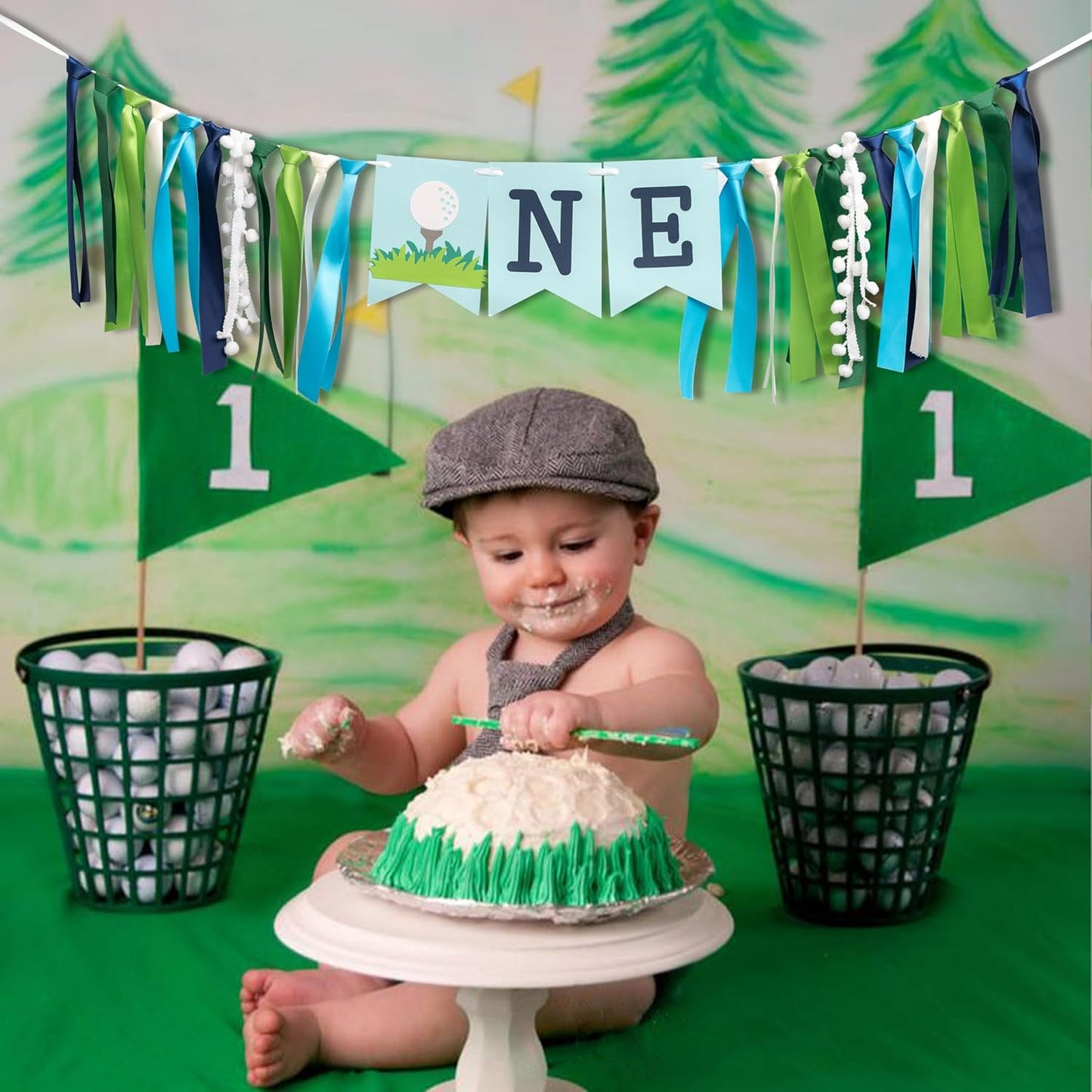 Golf High Chair Banner for 1st Birthday - First Birthday Decoration for Baby's,Golf Theme 1st Birthday Banner,The First Gift for The Birthday Party,Photo Props For Birthday Party ,Green Blue First