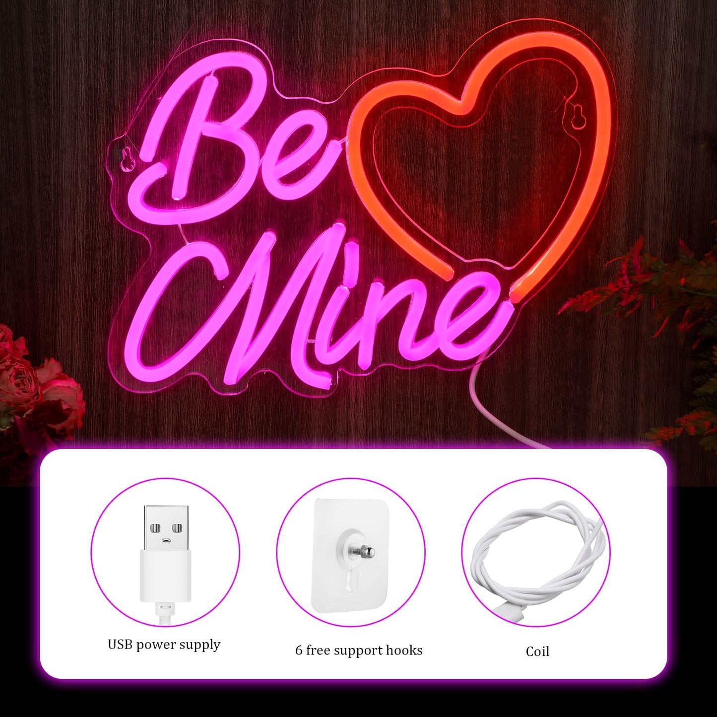 Huquary Valentine's Day Be Mine Neon Sign Heart Neon Sign 15.8 x 8.9 Inch Valentines LED Window Light USB Powered for Wedding Engagement Wall Art Decor