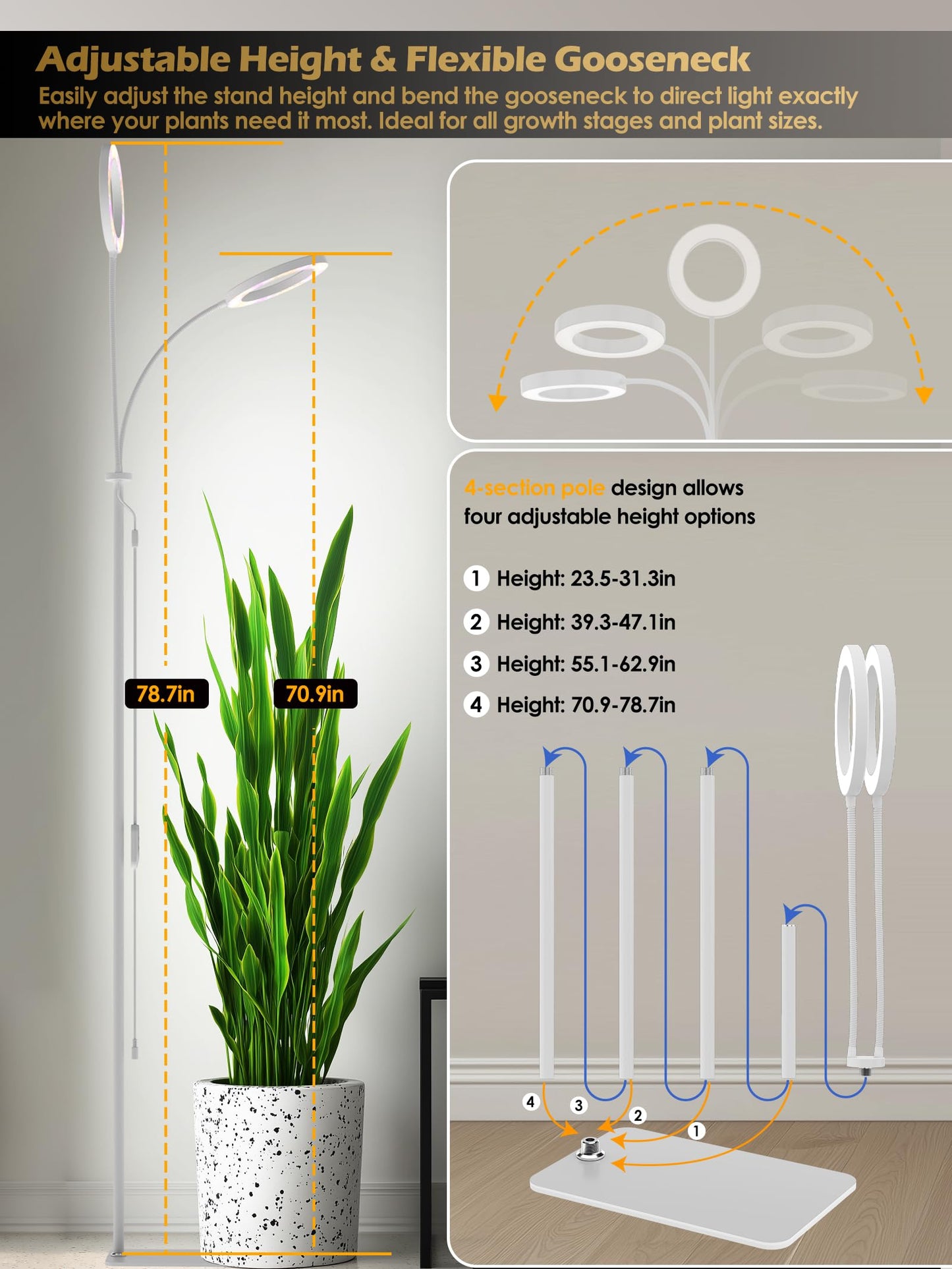 Glowrium Grow Lights For Indoor Plants  24W Full Spectrum Led Grow Light  Stepless Dimming 3 Lighting Mode And Adjustable Height  Plant Light With 3/9/12/16H Timer (White  24W)