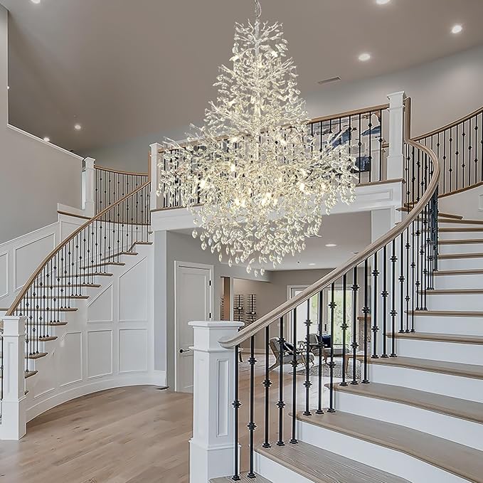 H65'' Silver Crystal High Ceilings Chandelier Staircase Chandeliers Modern Crystal Tree Branch Chandelier, D48'' Foyer Chandelier for High Ceiling Luxury Large Living Room Chandelier, 27-Lights