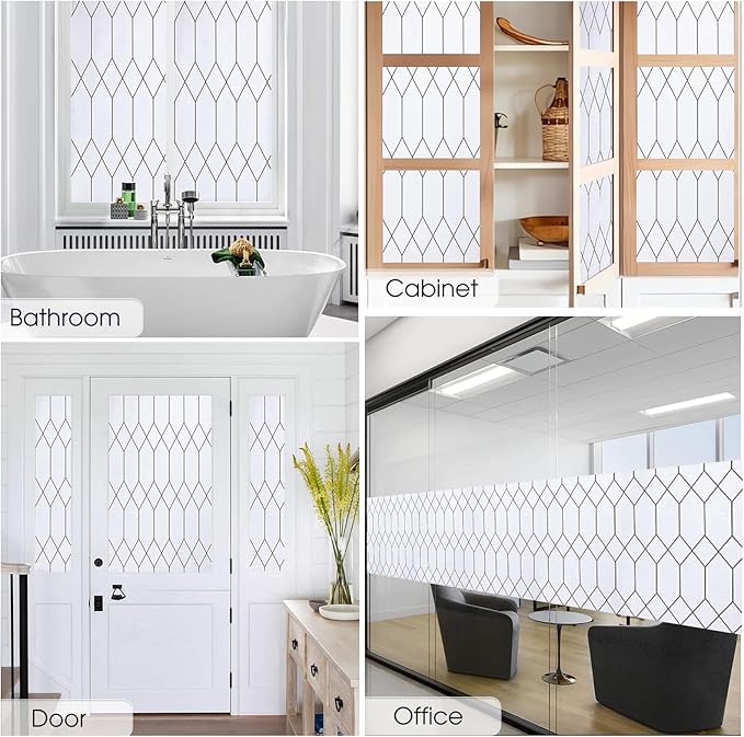Windimiley Window Privacy Film Stained Glass Static Clings, Bathroom Frosted Leaded Decorative Window Stickers, UV Heat Blocking Opaque Removable for Home Door Coverings (17.5 x 78.7in,White)
