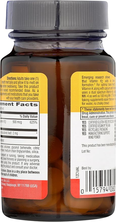 Country Life Vegan Vitamin K2, 500 mcg, Dual Spectrum MK-4 and MK-7 Complex, Supports Bone & Teeth Health, 60 Chewable Tablets, Strawberry Flavor