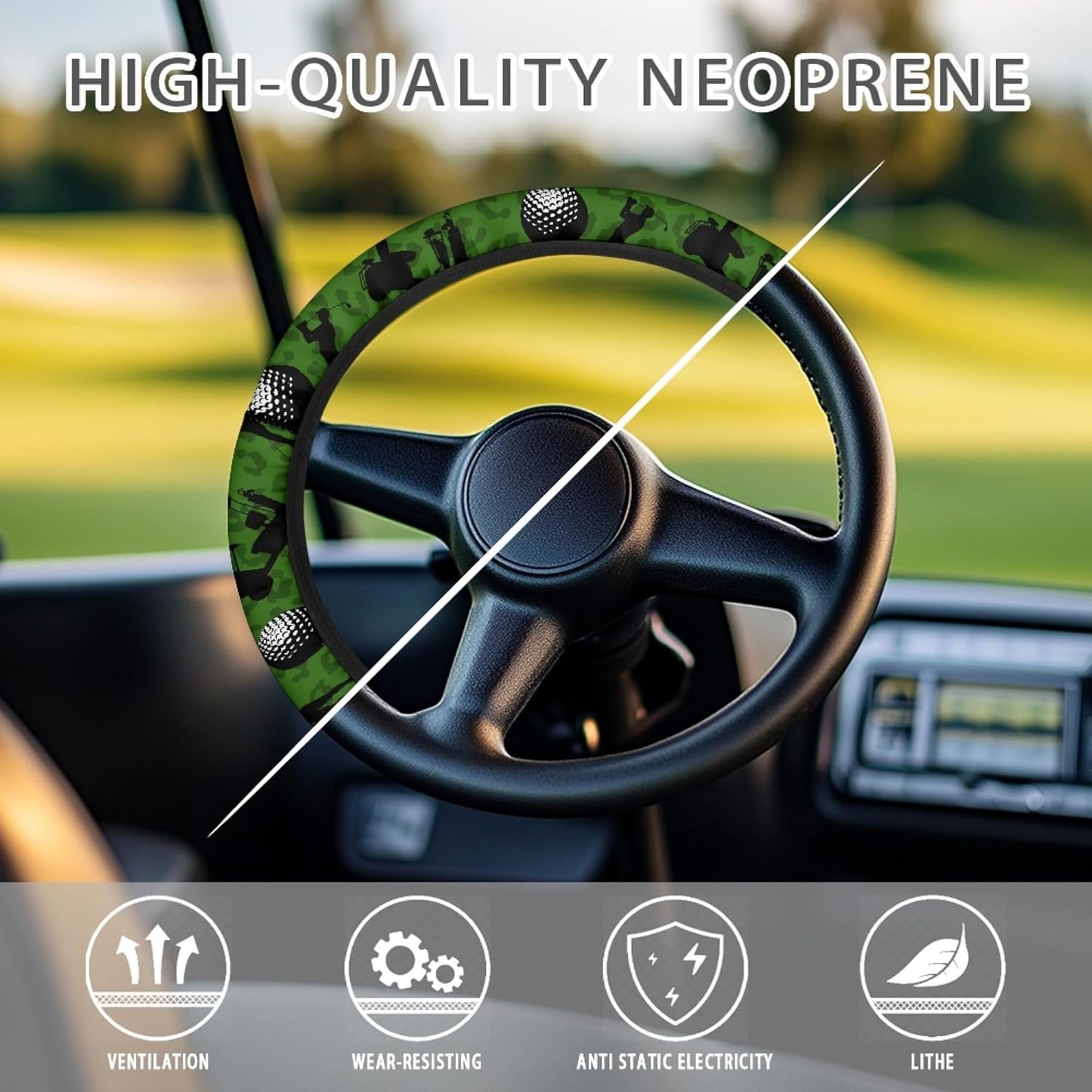 Golf Ball Print Golf Cart Steering Wheel Cover Green 14 Inch Golf Cart Wheel Covers Sun Shade Cover Golf Cart Accessories Great Gifts for Golfer