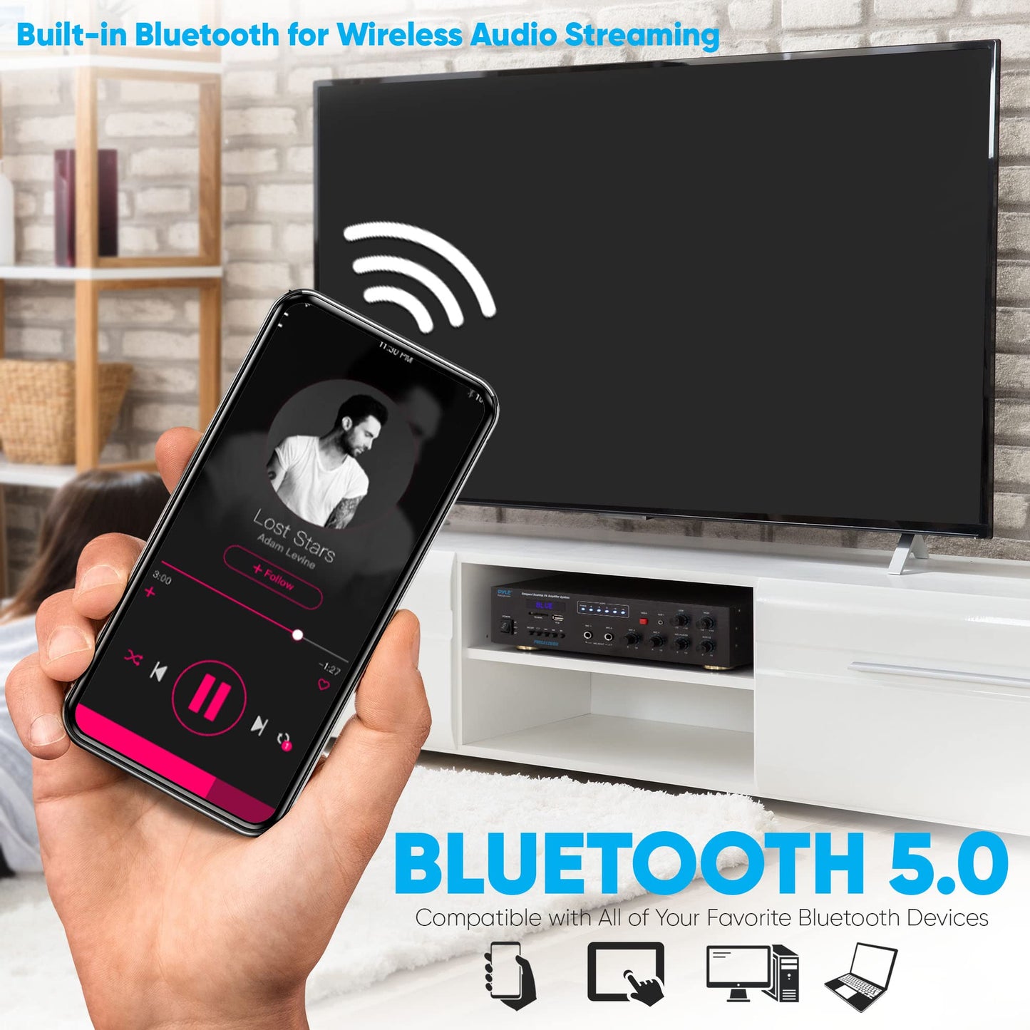 Pyle Wireless Bluetooth Public Address Amplifier - 500W Compact Mini Digital Home Power Audio Sound Pa Receiver System W/ 70V 10