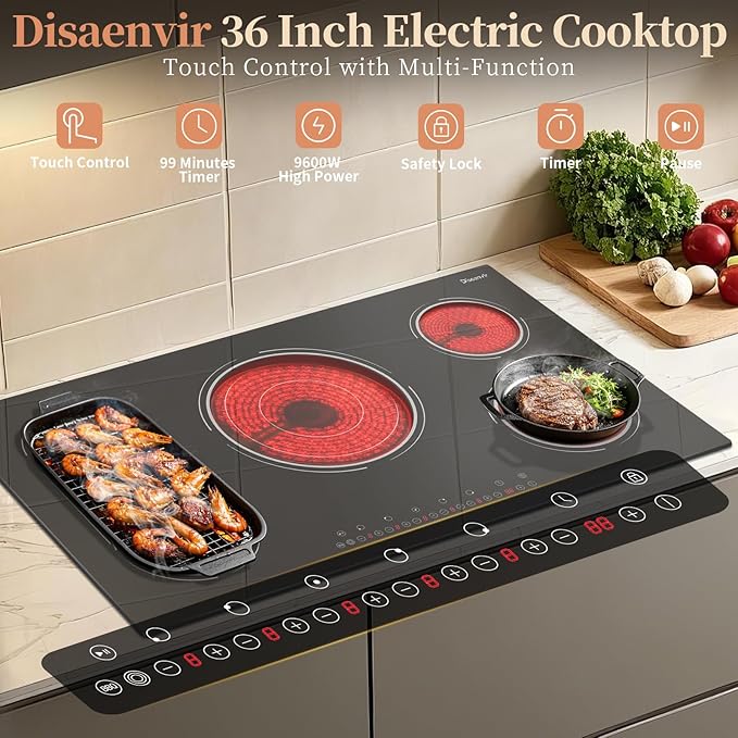 36 Inch Electric Cooktop - 5 Burner Electric Stove Top Powerful 9600W, 36 Inches Built-in Ceramic Stove with Large 3900W Flexible Zone, Timer, Safety Lock, 220V - 240V Hard Wired (No Plug)
