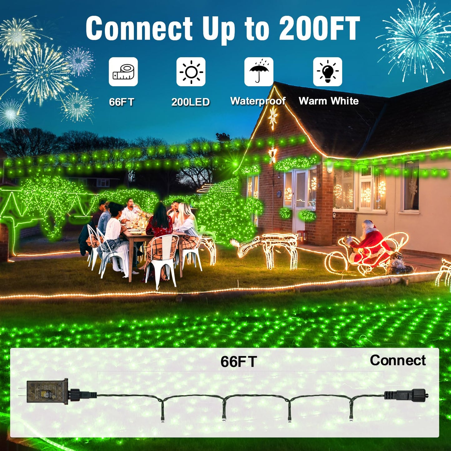 Nisocy 66Ft 200 Led Green String Lights With Green Wire  Waterproof Christmas Tree Fairy Lights With 8 Modes  Indoor Outdoor Seasonal Decorative Lighting For Holiday  Party  Garden