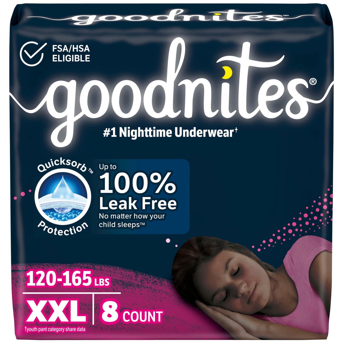 Goodnites Girls' Nighttime Underwear, Size XXL (120-165 lbs), 8 Ct, Packaging May Vary