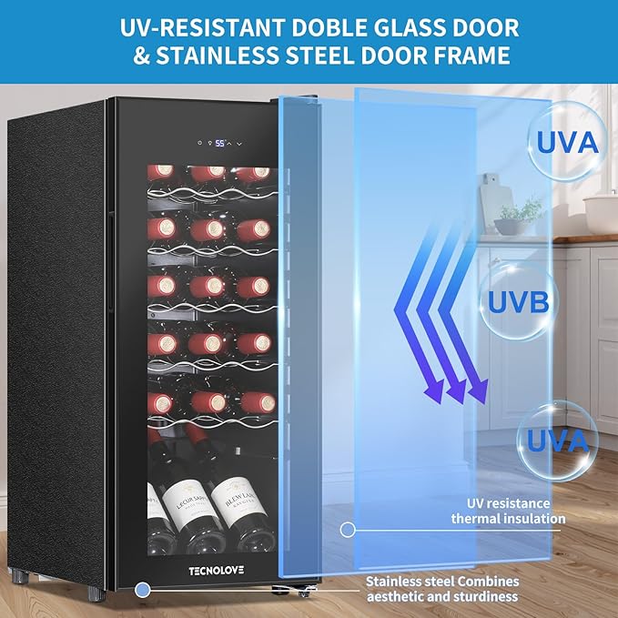 Wine Cooler with 41-68℉ Digital Temperature Control Stainless Steel 3.5 Cu.Ft 18 Bottle LED Light undercounter Glass Door Compressor Small Compact for Red, White and Champagne Beer