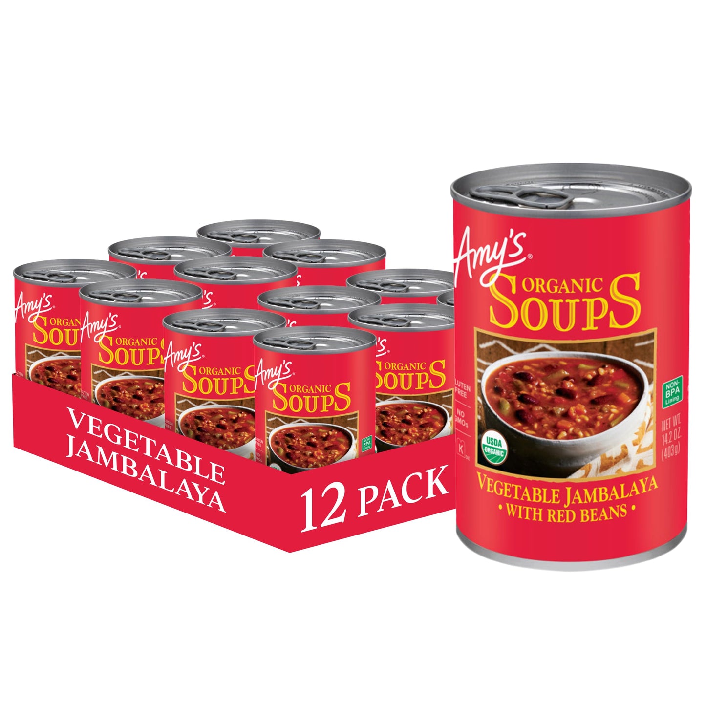 Amy s Organic Vegetable Jambalaya With Red Beans Soup, Gluten Free, Non GMO, 14.2 Ounces (Pack Of 12)