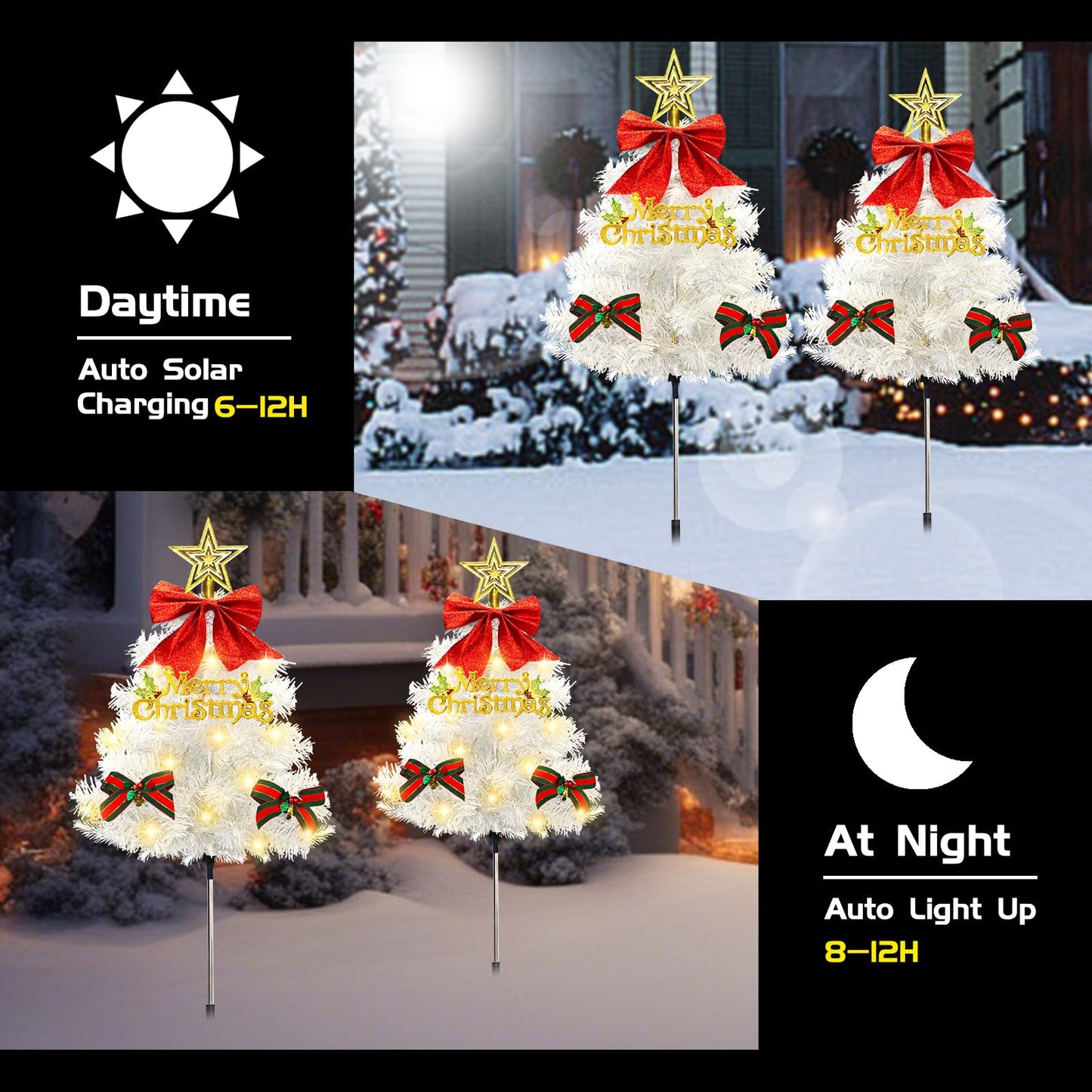 4 Pack Christmas Tree Solar Pathway Lights Outdoor Decorations  Waterproof Artificial Mini Xmas Tree Stake Lights With Diy Ornamets For Garden Yard Porch Decor (White Tree)