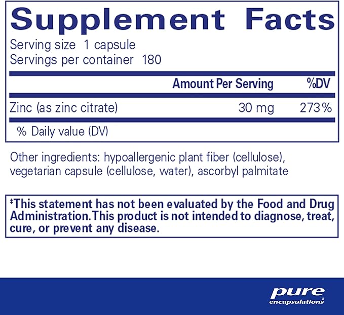 Pure Encapsulations Zinc (Citrate) - for Immune System, Tissue Development & Metabolism* - Mineral Supplement with Enzymes - Highly Absorbable Zinc - Vegan & Non-GMO - 180 Capsules