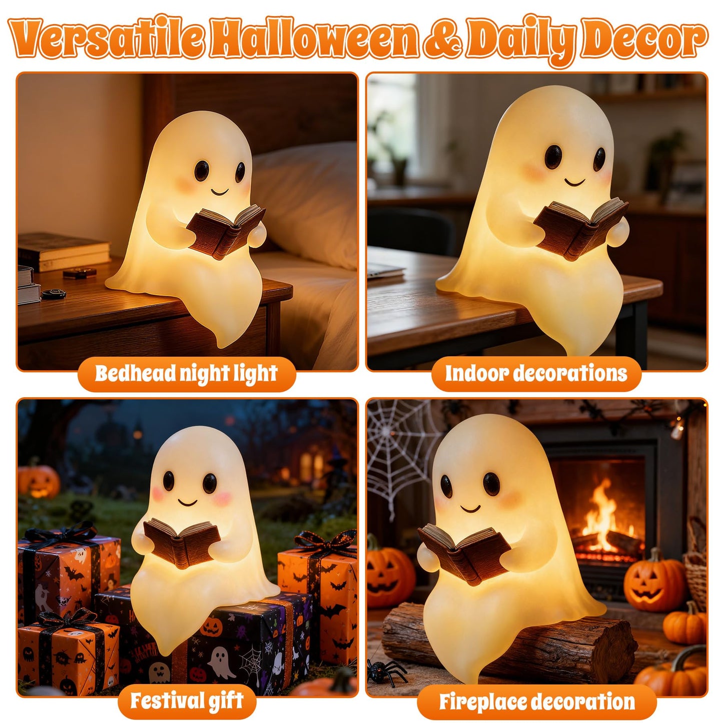 Ghost Reading Book Lamp  7.8In Ghost Night Light  Cute Halloween Ghost Figurines Statue Decor  Funny Night Lamp Statue For Bedrooms  Study Rooms  Living Rooms  Halloween Decorations Gifts (Big)