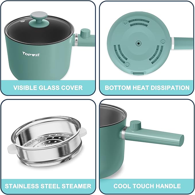 Topwit Hot Pot Electric with Steamer, 1.5L Ramen Cooker, Non-Stick Sauté Pan, Portable Cooking Pot, Electric Cooker with Dual Power Control, BPA Free, Over-Heating & Boil Dry Protection, Green