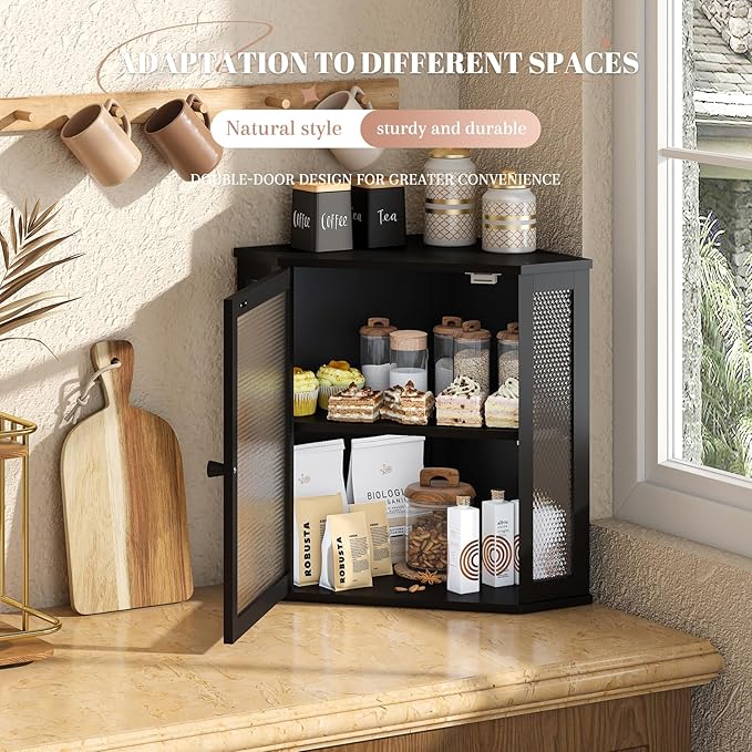Corner Bread Box Kitchen Countertop Extra Large Capacity Farmhouse Bread Box, Corner Countertop Storage, Double Layer Bread Holder (Black, Extra Large)