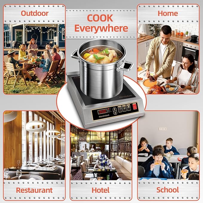 Portable Induction Cooktop 208-240V 3500W Commercial Range Countertop Burner Dual IGBT Modules 8 Heating Level Timer Sensor Push-Button Premium Stainless Steel Housing Ceramic Glass（Black）