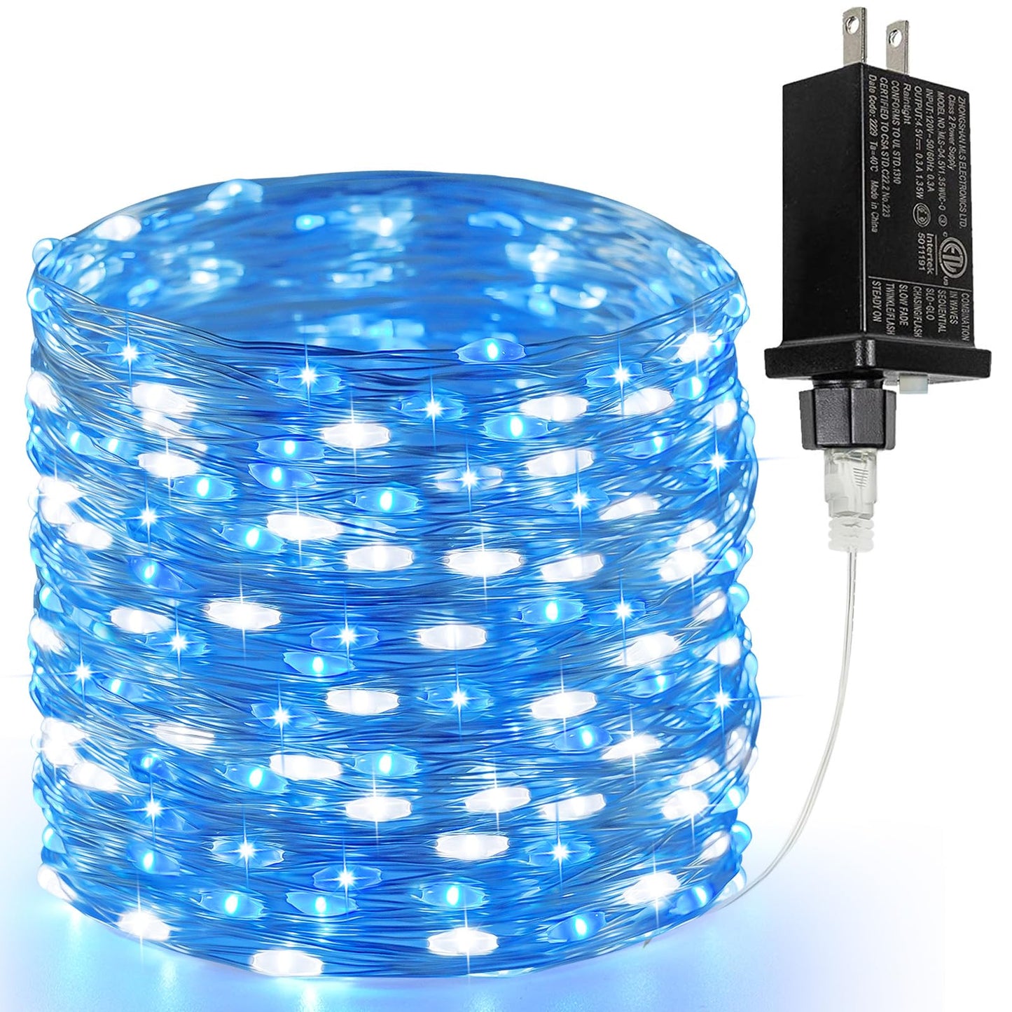 BHCLIGHT 66Ft 200 LED Fairy Lights, Waterproof String Lights, 8 Modes, Copper, 1 Pack, Blue and White
