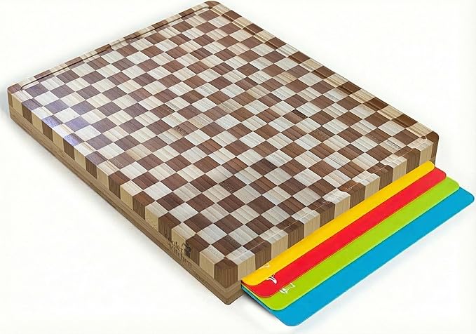 Cooler Kitchen Cutting Boards for Kitchen – Checkered Bamboo Cutting Board Set with 6 Color-Coded Flexible Chopping Mats, Easy Clean Wood and Dishwasher-Safe Plastic, Large 17×12, Knife-Friendly