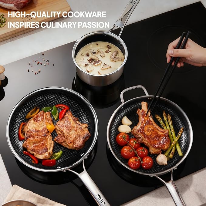 Bonnlo 11 Pieces Cookware Set, 3-Ply Stainless Steel Pots and Pans Set with Lids, Non-Toxic Kitchen Set, Oven & Dishwasher Safe, Induction Cooking Set, PFOA & PTFE Free