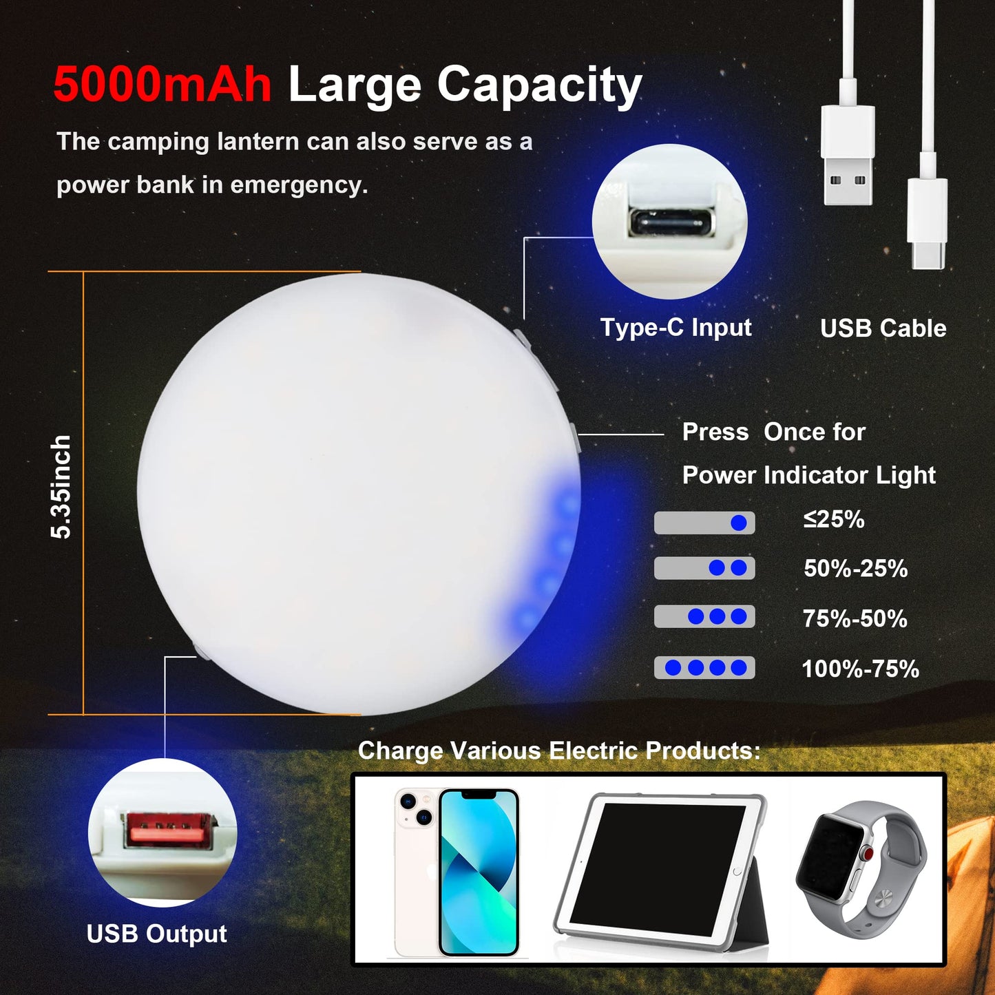 SKNOOY LED Camping Lantern, Rechargeable, Magnetic, Remote Control, IP54 Water-Resistant, Gray, Model SKCTL001