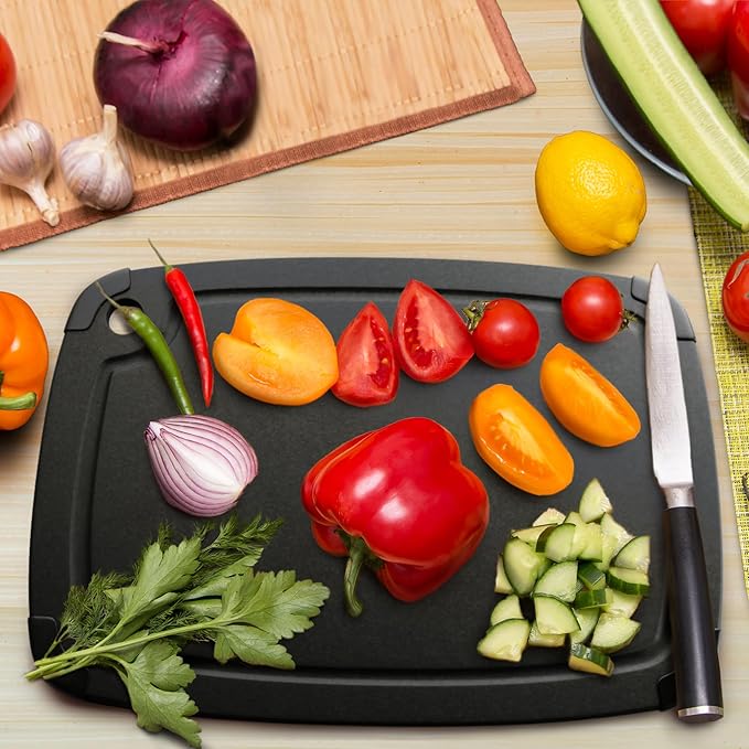 Dishwasher Safe Cutting Boards for Kitchen - Large Composite Wood Cutting Board with Non-Slip Feet & Juice Groove - Thin & Lightweight Eco-Friendly Chopping Board (14.5 x 11.25 Inch, Slate Black)
