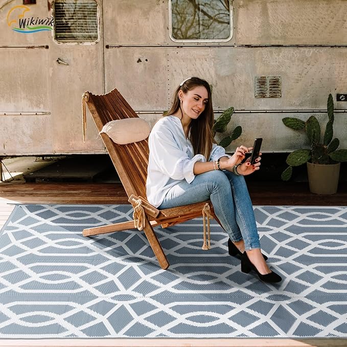 wikiwiki Outdoor Rug, 4x6ft Waterproof Reversible Mat Indoor Outdoor Rugs Carpet, Small Area Rug Plastic Straw Rug for Patio Deck Balcony Pool RV Camping Beach Picnic, Grey, Rugscape Series