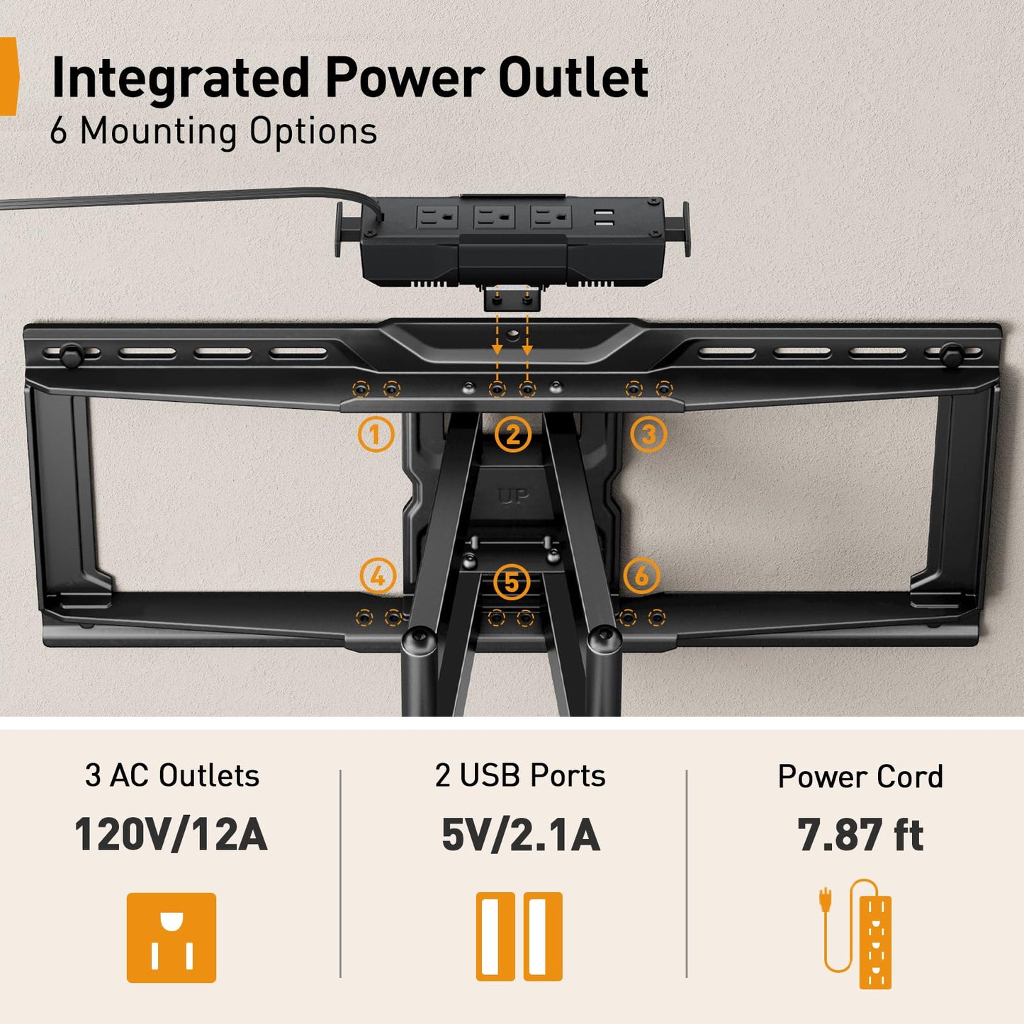 Perlegear Full Motion TV Wall Mount with Power Strip for 42–90 Inch TVs up to 150 lbs, Pre-Assembled TV Mount Has Smooth Swivel, Tilt, Extension, Max VESA 600x400mm, 12“/16”/24” Wood Studs, PGLF11
