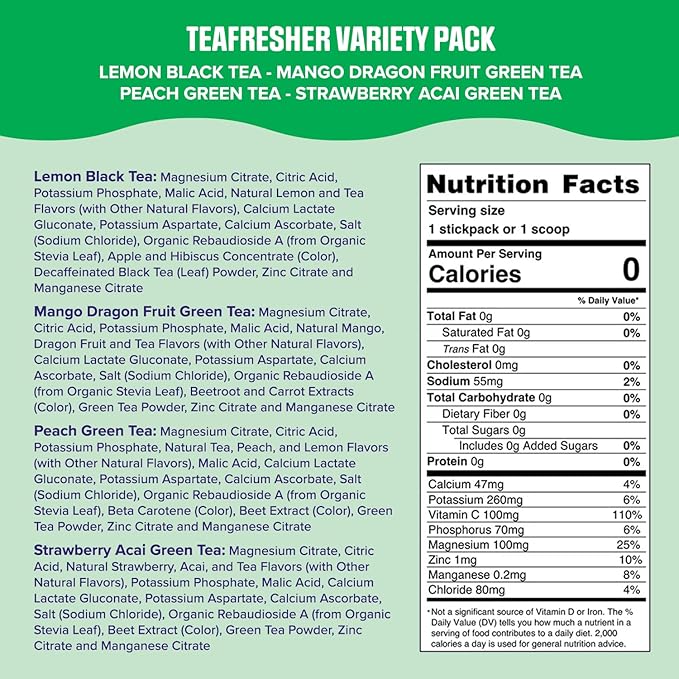 Ultima Replenisher TeaFresher Daily Electrolytes Powder and Instant Tea Mix - Variety Pack, 16 Stickpacks - Hydration Packets with 4 Sugar-Free Fruit and Tea Fusions, 6 Key Electrolytes