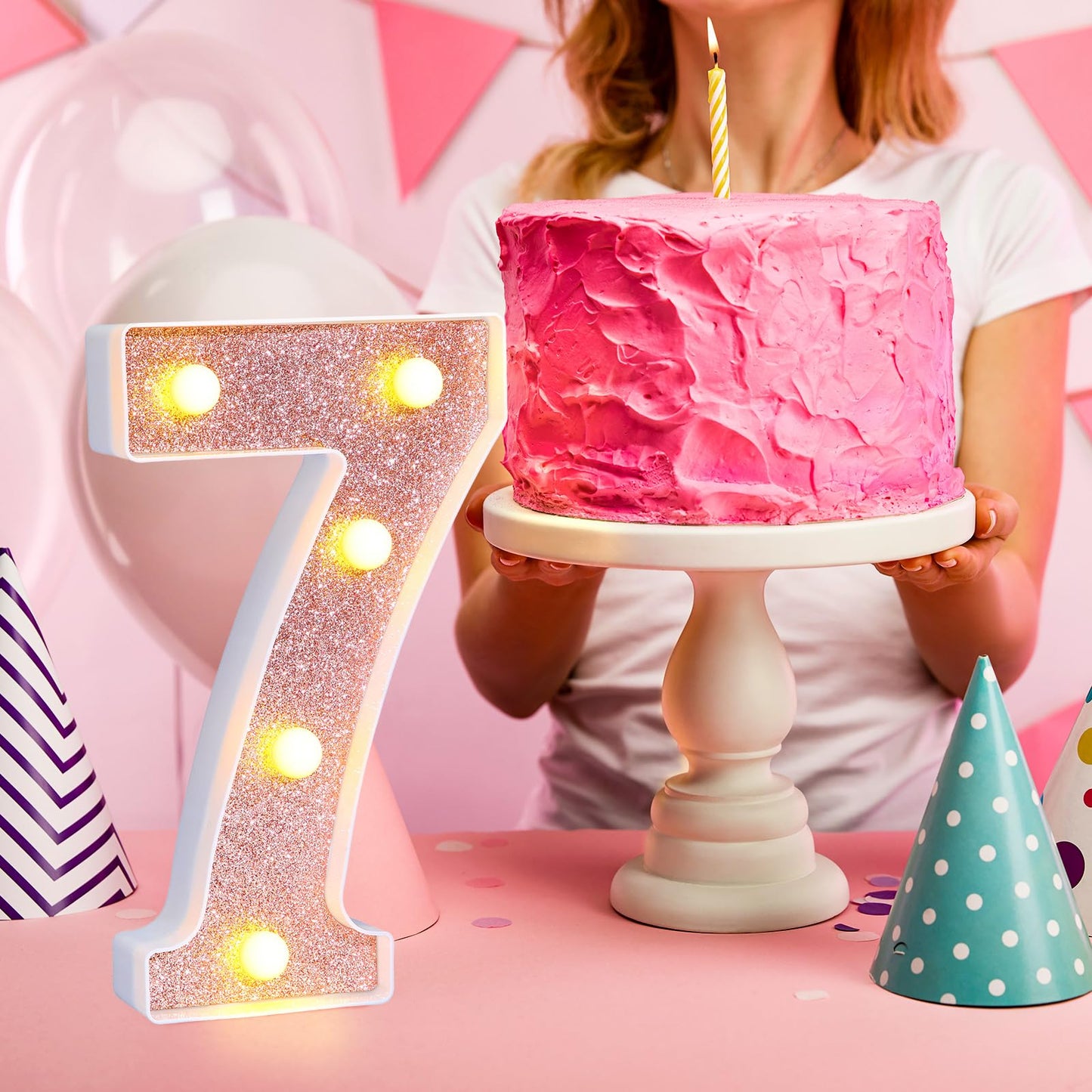 Treela 8.7 Birthday Decorative Led Light Up Numbers  Glitter Marquee Number Sign For Night Birthday Party Decorations Anniversary Bar Led Sign Backdrop Wall Table Centerpieces(Number 7 Rose Gold)