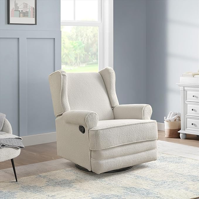 Oxford Baby Teegan Upholstered Swivel Glider & Recliner Nursery Chair, Boucle White