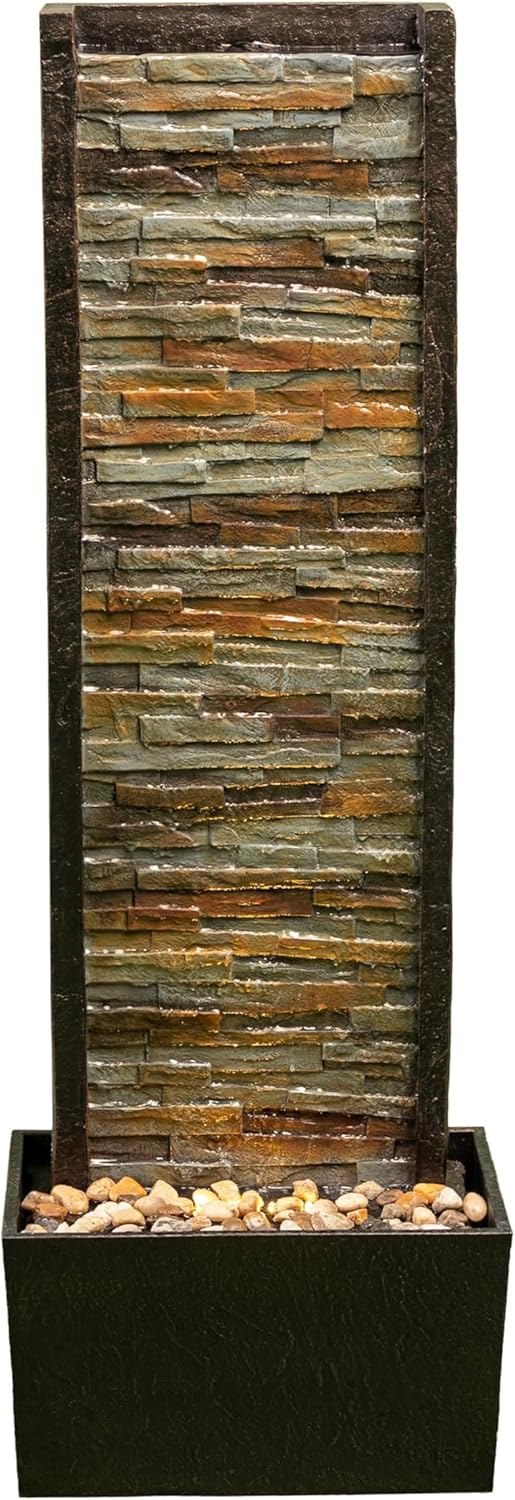 Cheng Pin Indoor Water Fountain -Staggered Stone Design,Create a Relaxing Ambiance and Decor Your Living Room,Office,Bedroom Or Outdoor Garden with Waterfall Water Feature and LED Lights,38in. Tall