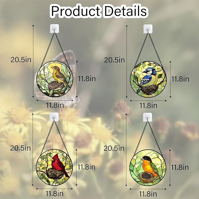Stained Glass Window Hanging 4 Pcs Set Bird Theme On Branch Large 11.8" - Cardinal Suncatcher Door Garden Sun Catcher Decor Birthday Christmas for Mom Woman Nana Men