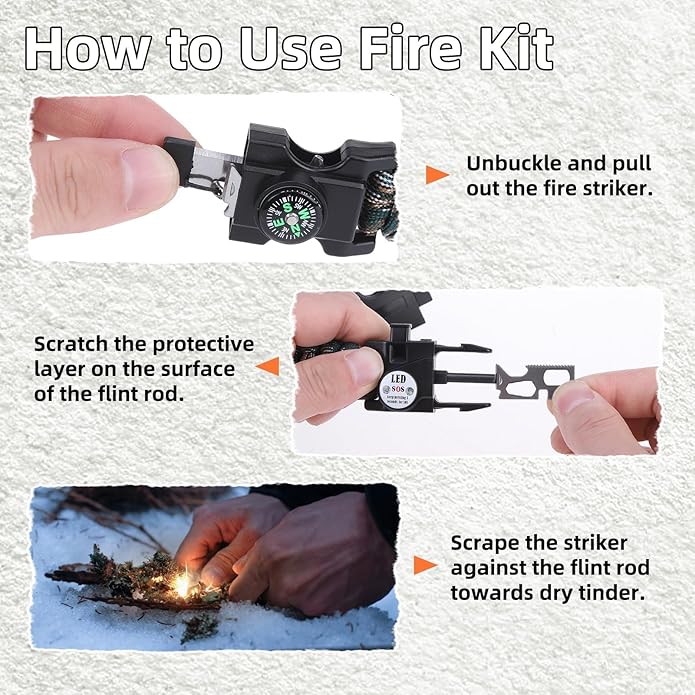 Adjustable Survival Paracord Bracelet, 2 Pack Emergency Fire Starter Kit with Loud Whistle Compass Light Flint Steel for Hiking Fishing Hunting, Tactical Gear Equipment Multitools