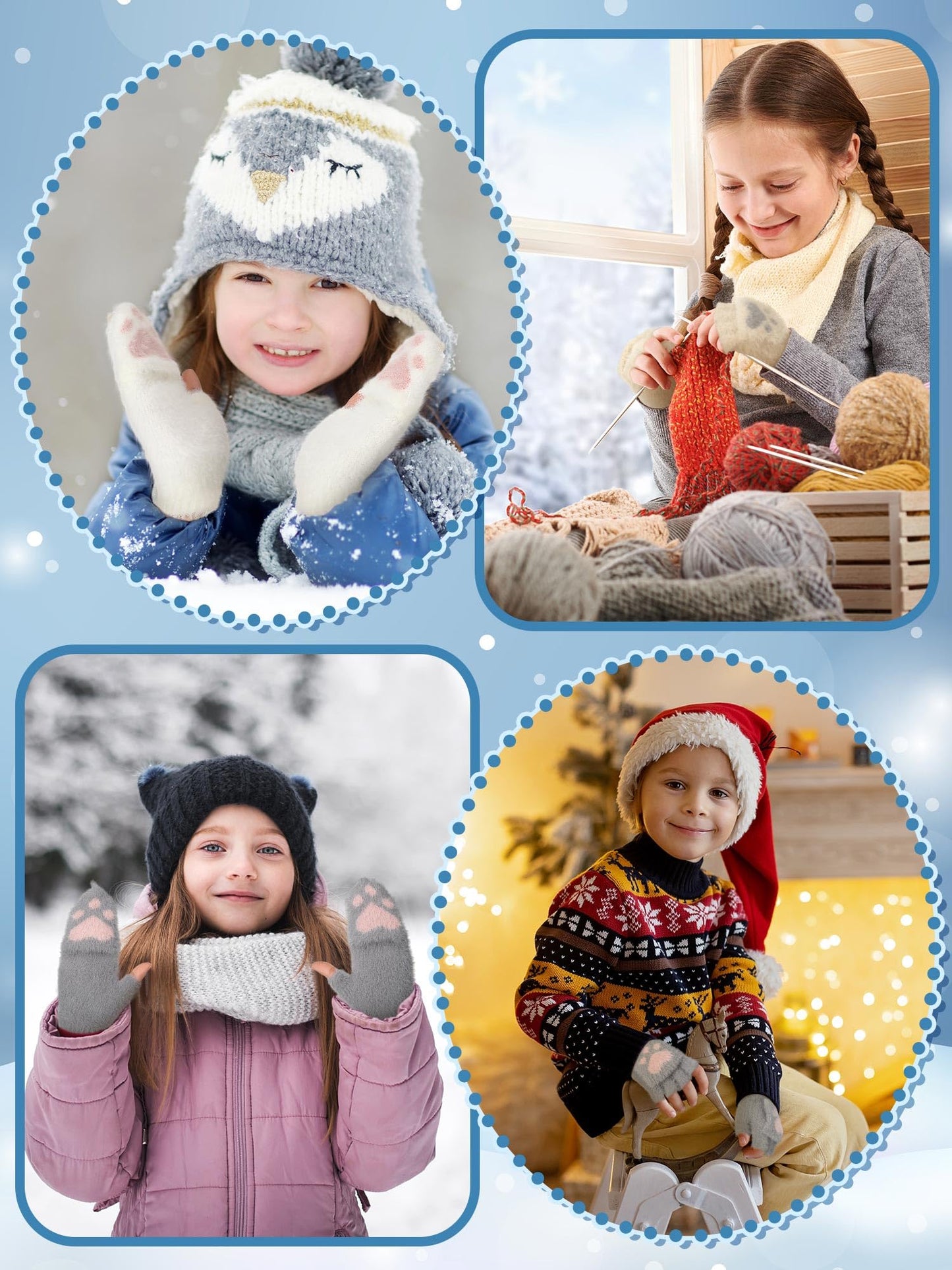 Bencailor 3 Pairs Winter Gloves Fingerless Convertible Mittens Thermal Cat Paw Rabbit Ears Gloves Windproof Warm for Women (Dark Gray, White, Light Khaki,over 15 Years,Paw Style)