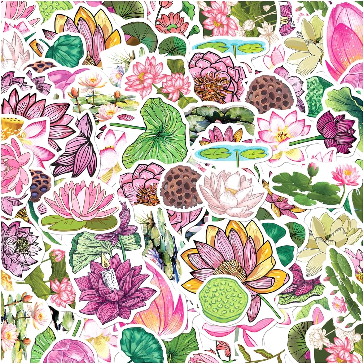 Lotus Flower Vinyl Stickers 50pcs Waterproof Aesthetic Decals for Laptop Water Bottle Scrapbooking Journaling Gifts Nature Lovers Students Pack Skateboard Wall Decoration Hard Bike