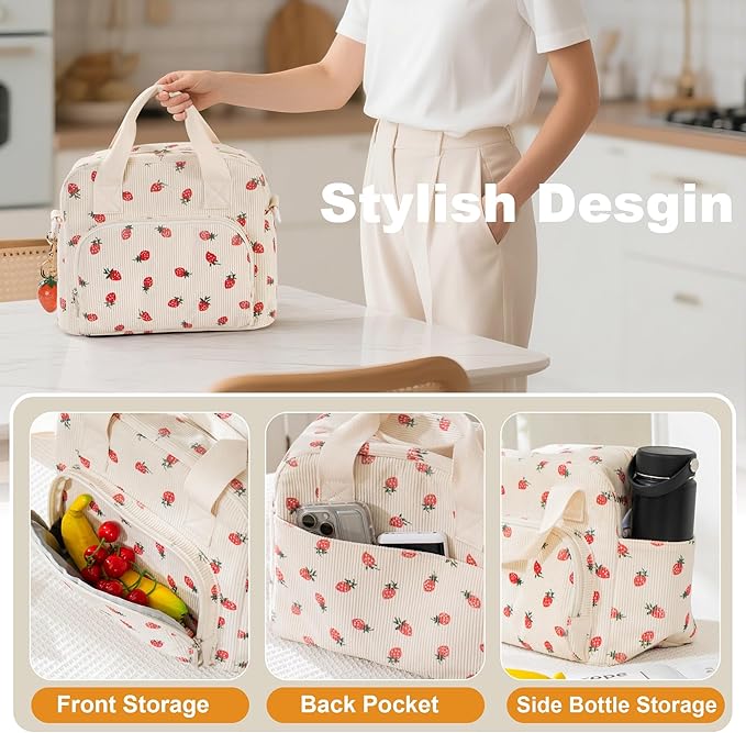 Large Lunch Bag for Women Strawberry Insulated Lunch Box Reusable Cooler Bag Portable Cute Corduroy Leakproof Tote Bags with Keychain for Travel, Work, and Picnic