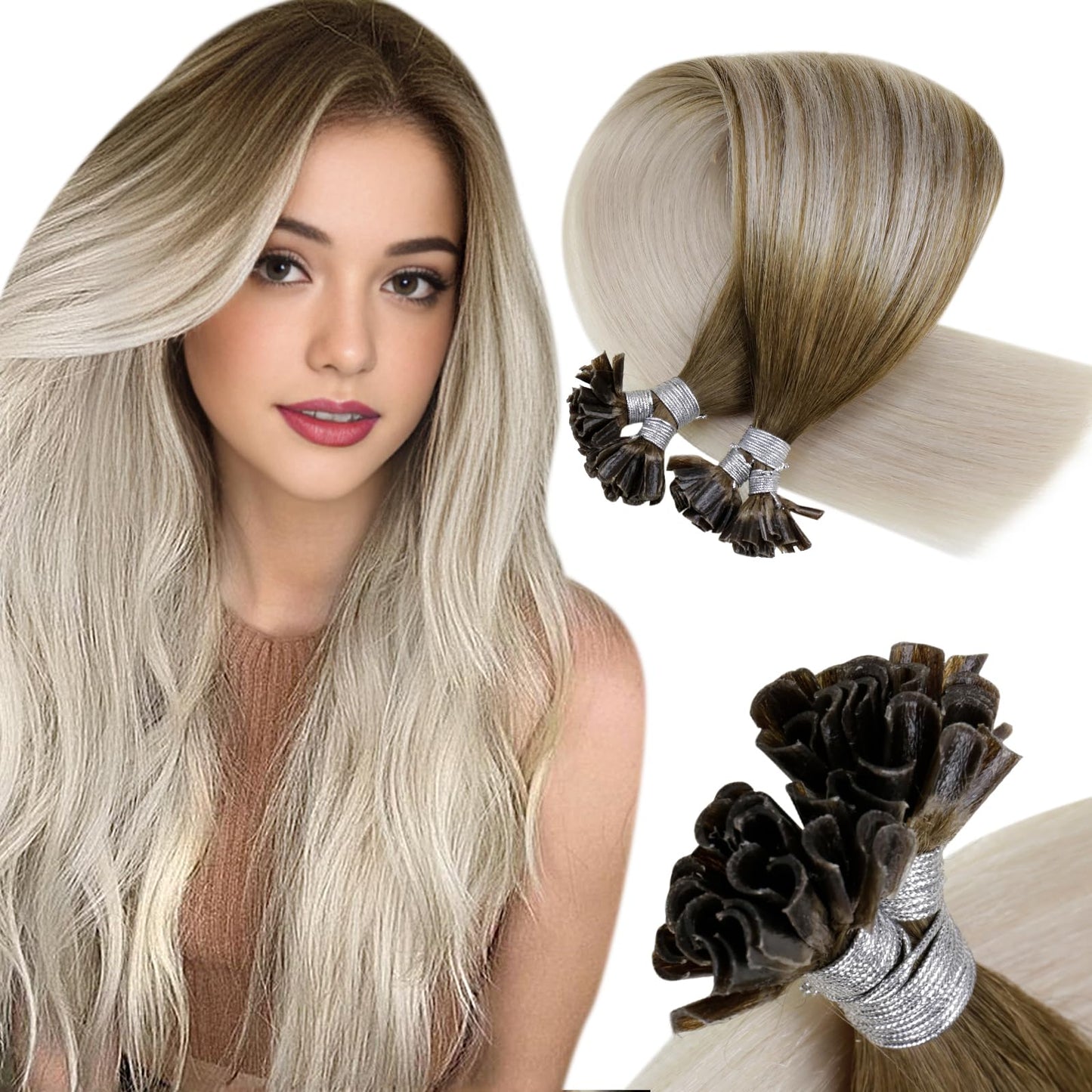 LAAVOO Remy Human Hair Extensions 18 Inch U Tip Ombre Blonde Mix Light Brown 50set