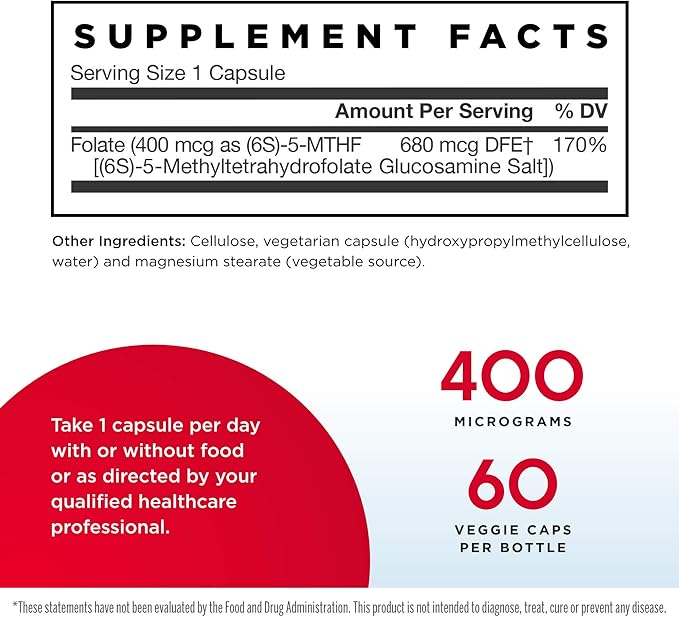 Jarrow Formulas Methyl Folate 400 mcg - 60 Veggie Caps, Pack of 2 - Highly Biologically Active Form of Folate - 4th Generation Folic Acid Technology - 120 Total Servings