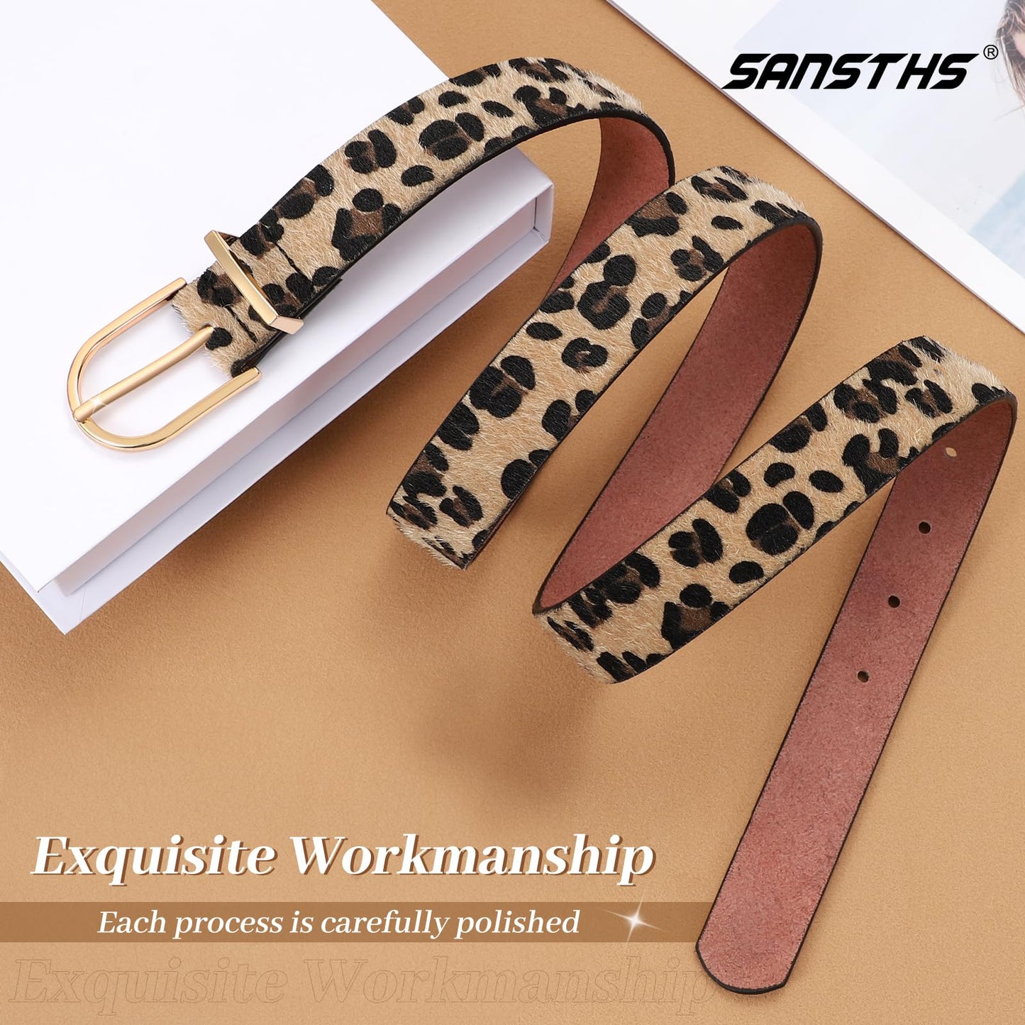 SANSTHS Women Faux Leather Chic Belts for Jeans Pants Fashion Ladies Belt Solid Color with Gold Curved Pin Buckle Leopard M