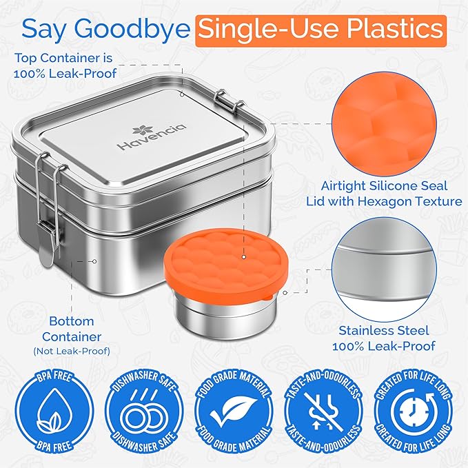 Stackable Stainless Steel Bento Box With Snack Container, 47oz/1400ml, Lunch Box for Kids & Adults, Bento Lunch Box With Compartments, Eco-Friendly Metal Container for School, Work, & Travel