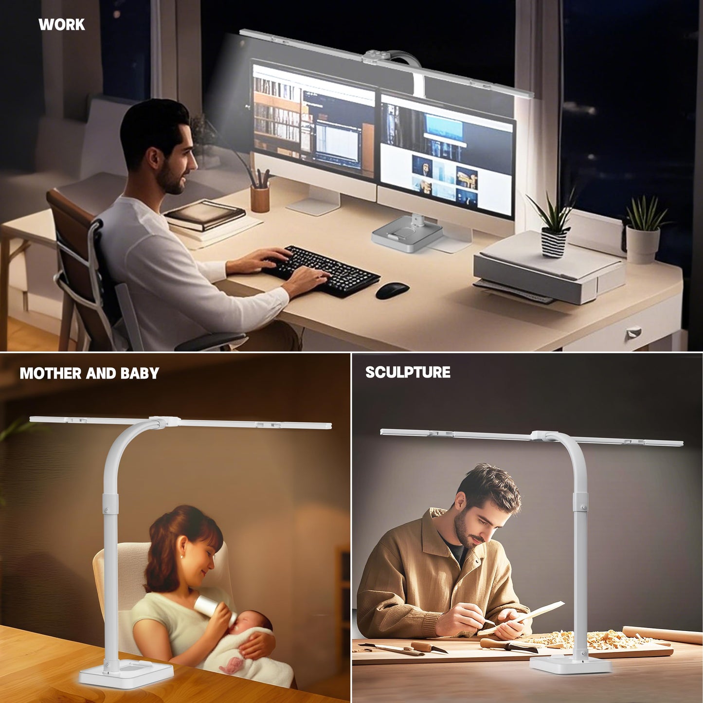 Sandiea Led Desk Lamp For Home Office - 24W Bright Double Head Desk Light With Clamp Eye Caring Architect Task Light 25 Lighting Modes Adjustable Flexible Gooseneck Lamp (All White)