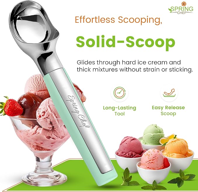 Spring Chef Heavy Duty Metal Ice Cream Scoop - Dishwasher Safe Ice Cream Scooper, Commercial Icecream Scoop Spade, Professional Kitchen Tool for Gelato, Melon, Sundae, Cookie Spoon - Mint
