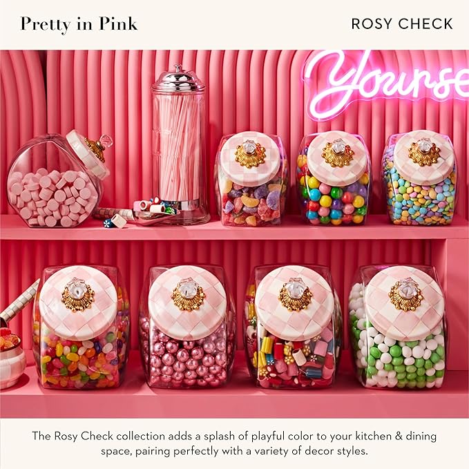 MACKENZIE-CHILDS Sweets Jar with Enamel Lid, Small Glass Cookie Jar or Kitchen Jar, 0.5-Gallon Capacity, Pink-and-White Rosy Check