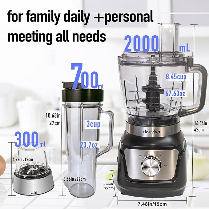 Food Processor Blender Combo 1000W, Blenders for Kitchen with 68oz Processor Bowl, Grinder,24oz To-Go Lid Cup, Countertop Juice Blender for Smoothies/Shakes/Mixing/Shredding/Slicing/Chop cheese/Dough